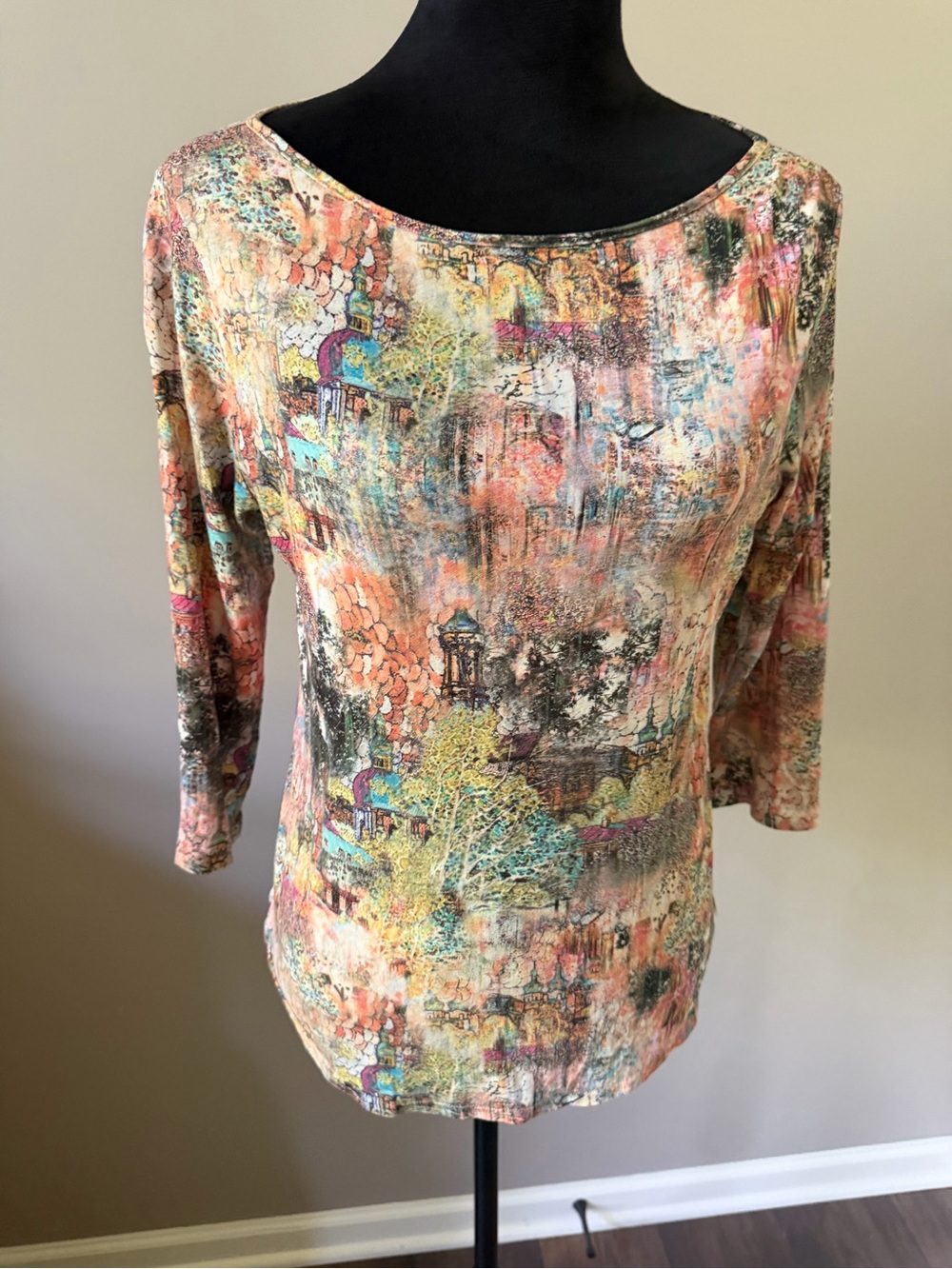 Peck & Peck Multi-Color Printed Boatneck Top 3/4 Sleeves MED